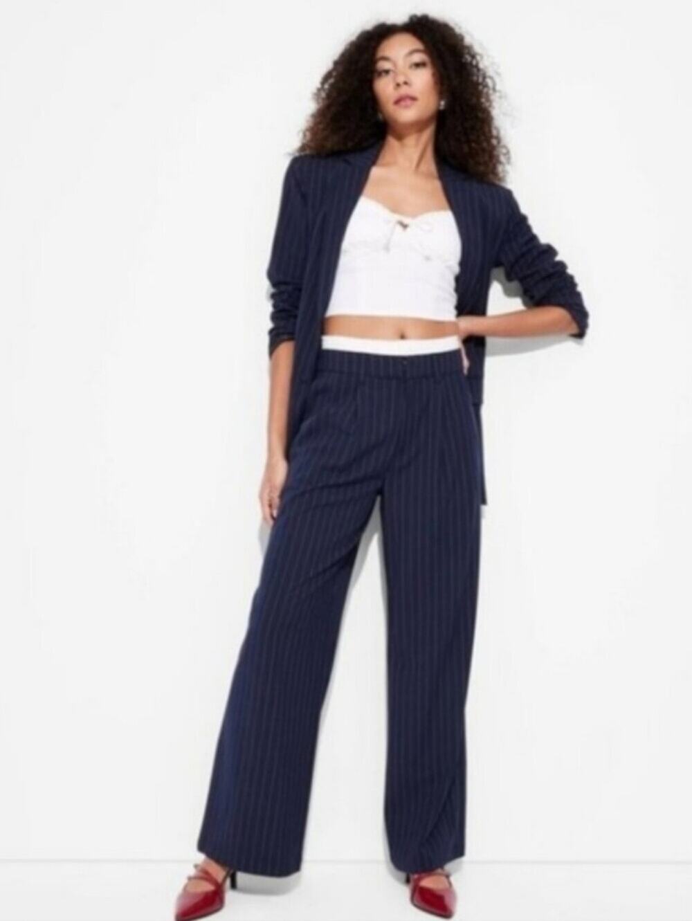 Wild Fabel Navy Pinstripe Wide Leg Trousers Career Business Size XXL